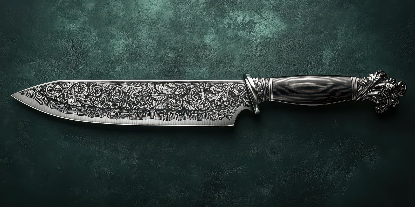 Exquisite artisan knife with intricate engravings displayed on a textured green background